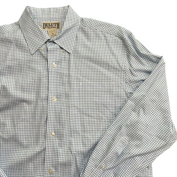 Duluth Trading Co. Button Down Shirt Mens M Blue White Check Plaid Long Sleeve - Picture 1 of 8
